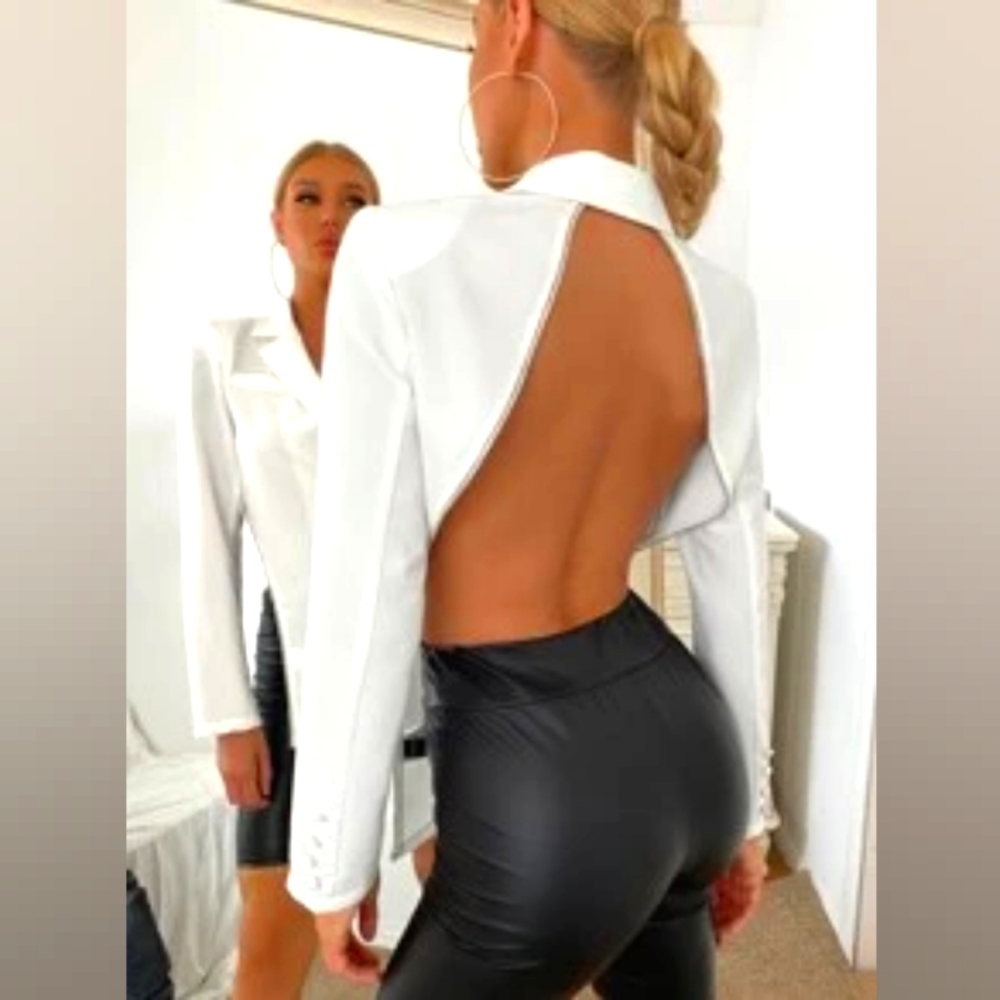 White Backless Asymmetrical Rhinestone Detail Blazer Top